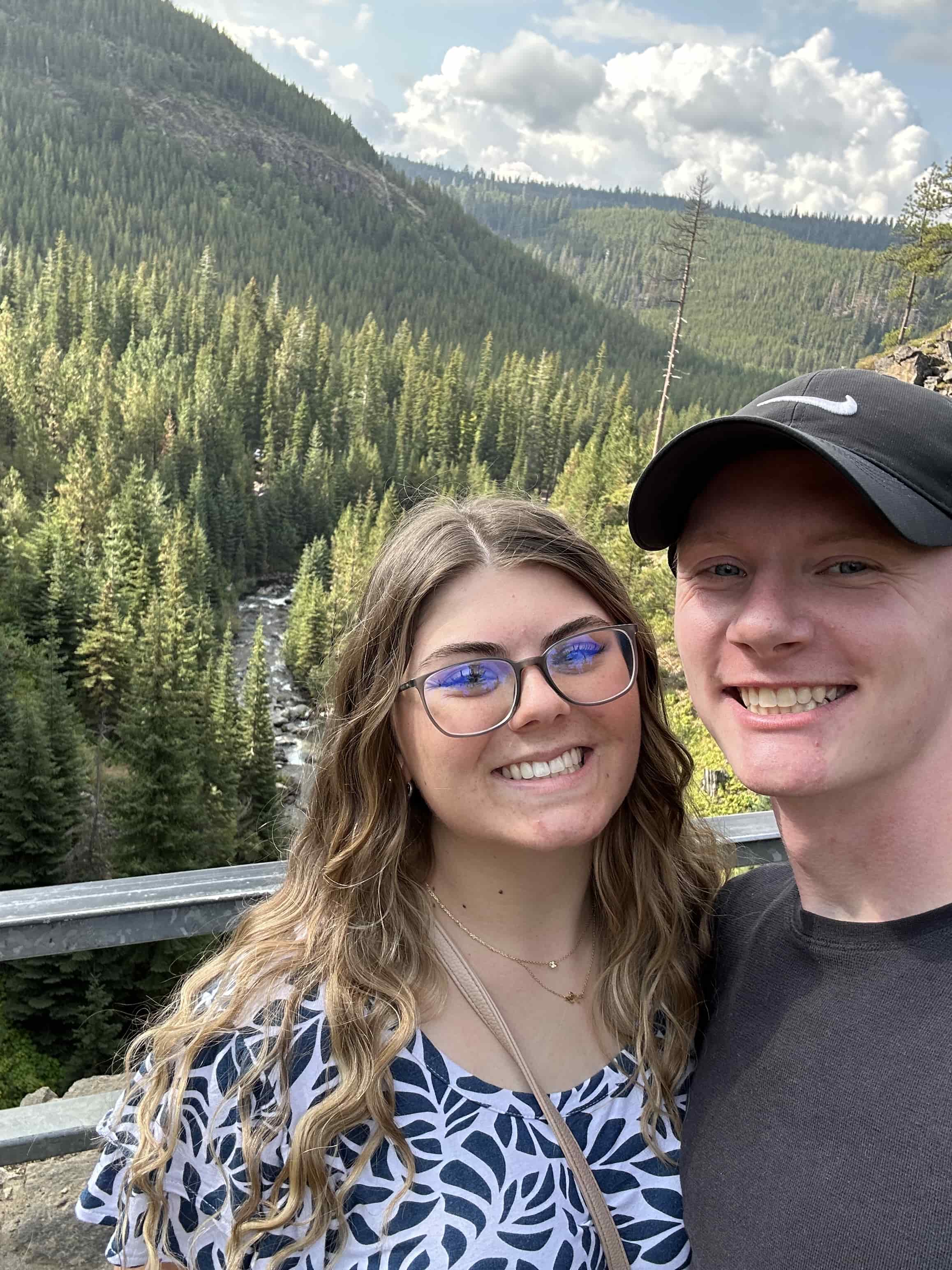 My wife and I at a waterfall
